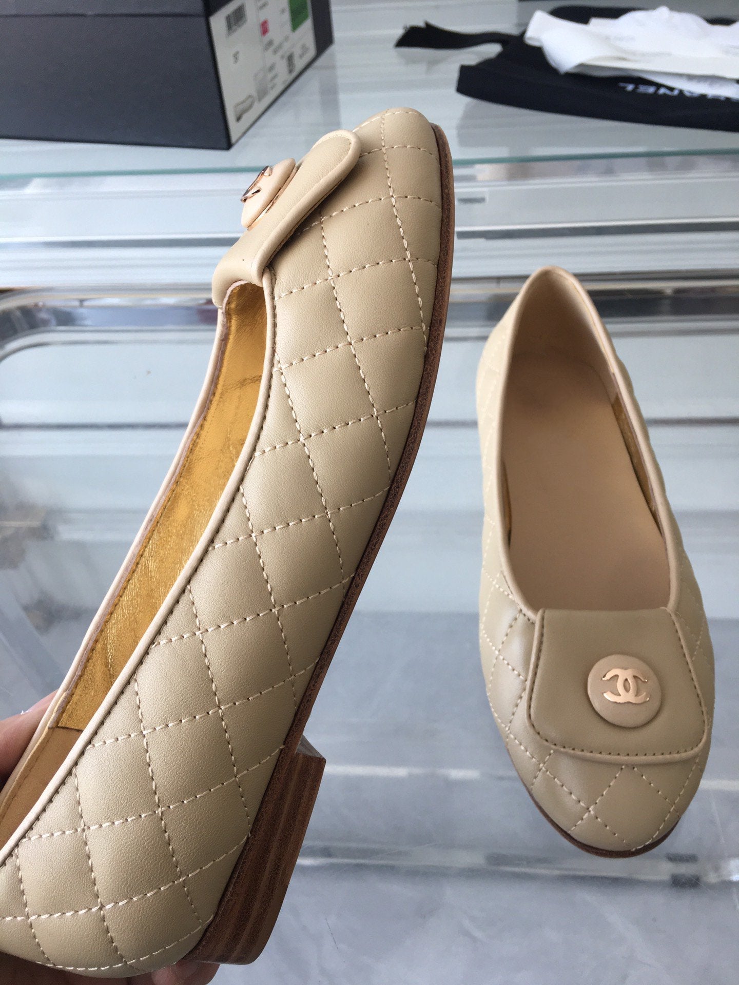 CHANEL ballet flat quilted beige gold  lock