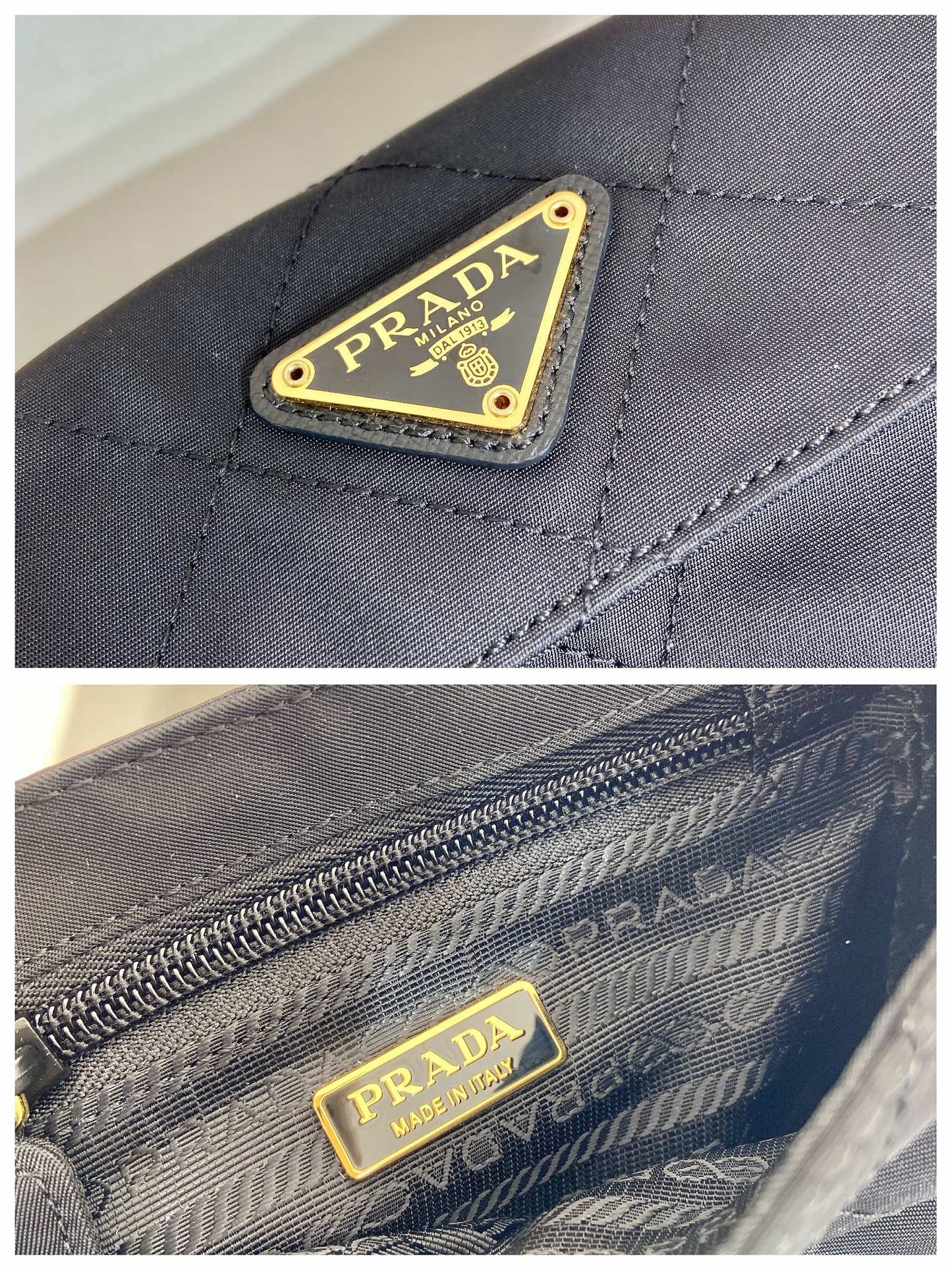 PRADA MINI QUILTED FLAP BAG 14 IN BLACK RE-NYLON FABRIC GOLD CHAIN