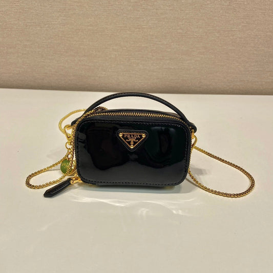 PRADA MINI HAND BAG 11 WITH GOLD STRAP IN BLACK PATENT CALFSKIN