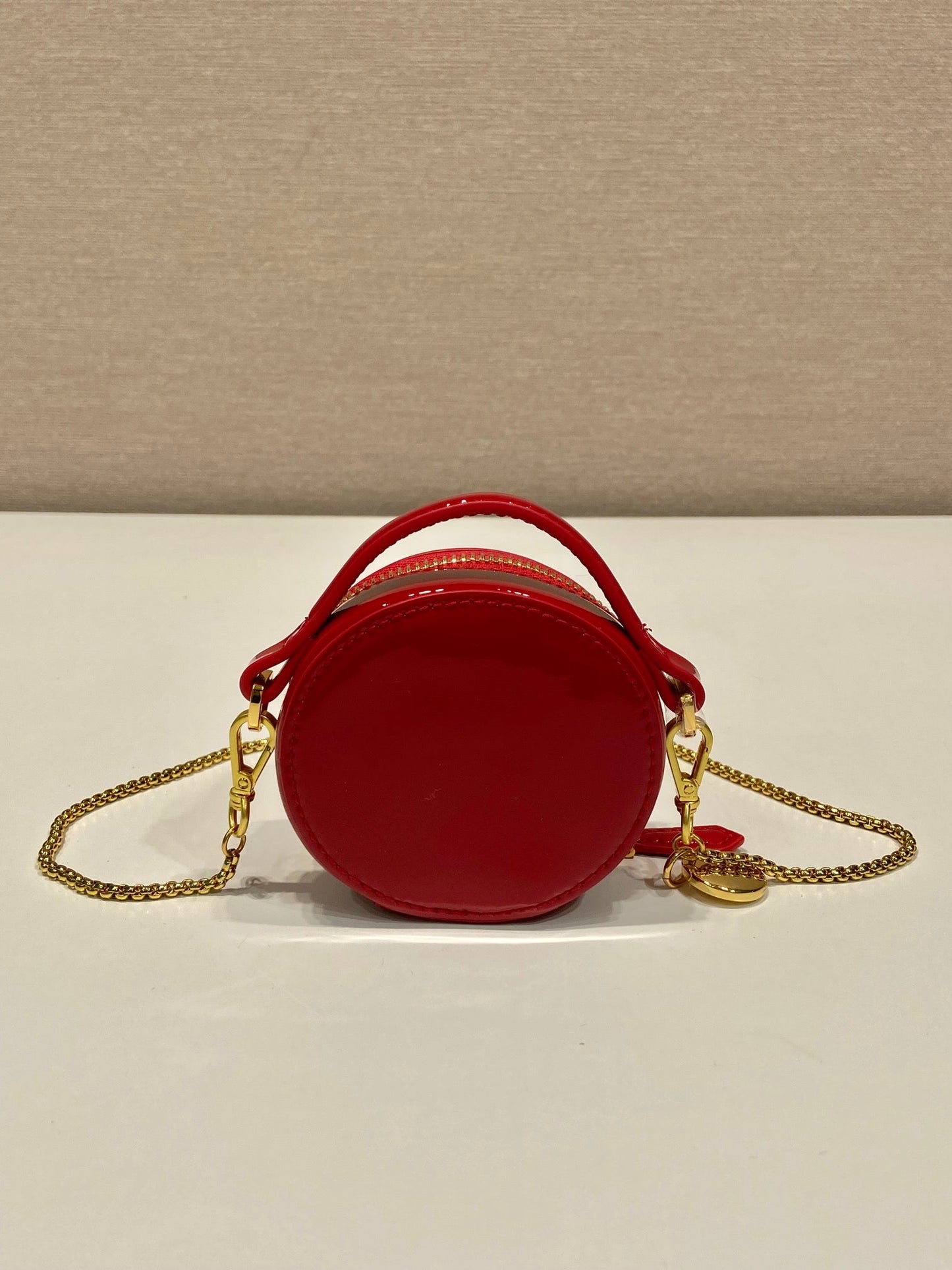 PRADA MINI ROUND BAG 8 IN RED GLOSSY CALFSKIN GOLD HARDWARE