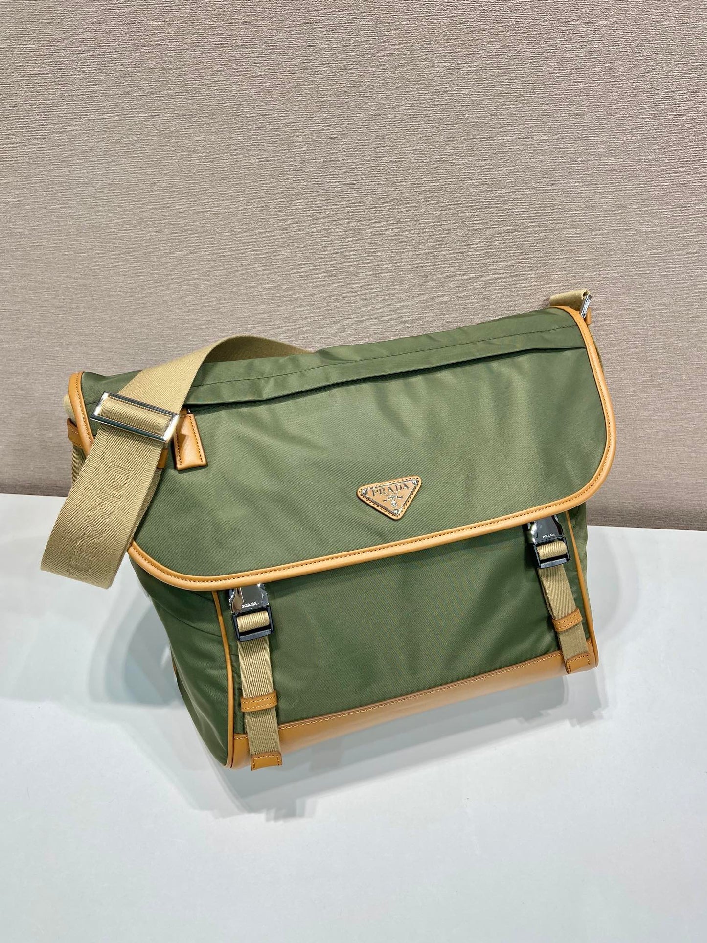PRADA LARGE FLAP BAG 30 IN SEAWEED GREEN RE-NYLON AND BROWN CALFSKIN TRIM