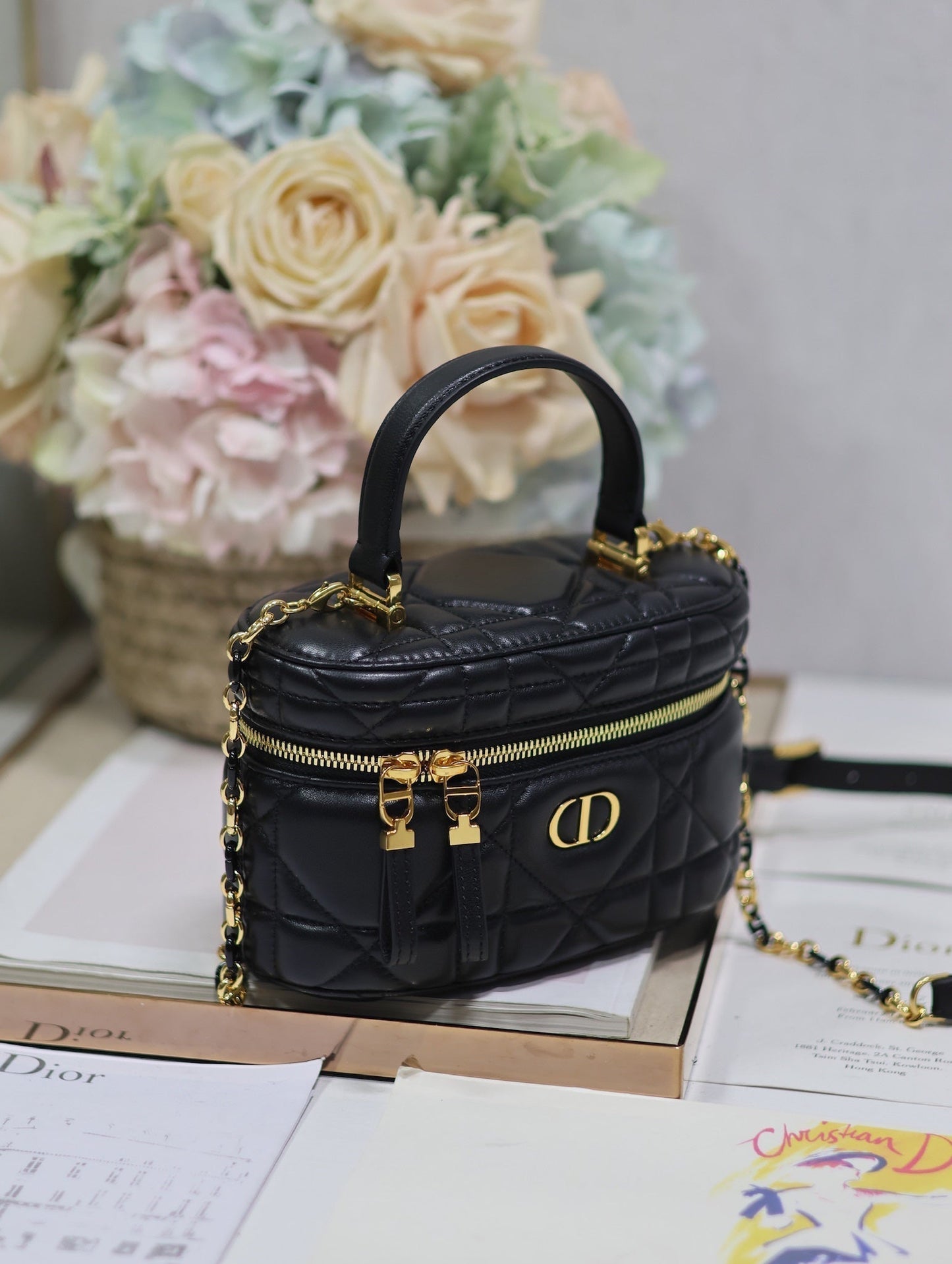 DIOR CARO 16 MINI VANITY CASE IN BLACK MACROCANNAGE LAMBSKIN