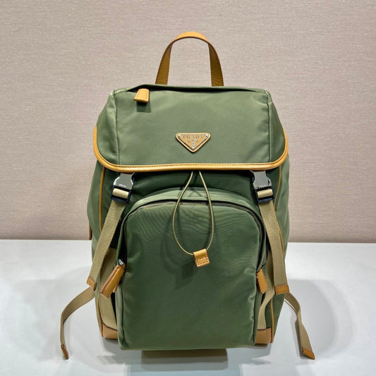 PRADA BACKPACK 45 IN SEAWEED GREEN RE-NYLON AND BROWN CALFSKIN TRIM