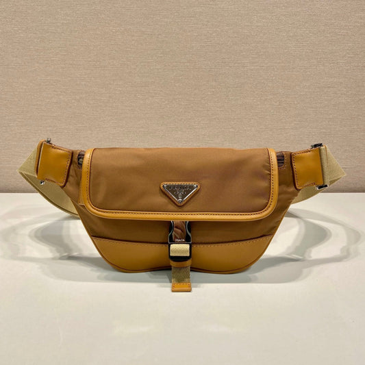 PRADA BELT BAG 18 IN SEPIA BROWN RE-NYLON AND CALFSKIN TRIM