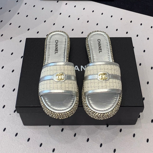 CHANEL Double  Women Silver Slippers Calfskin