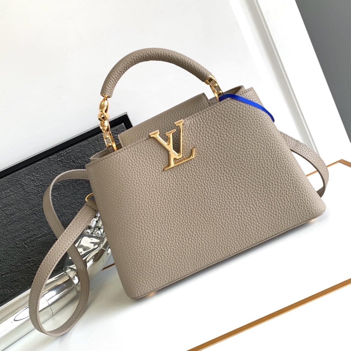 LOUIS VUITTON CAPUCINES BB 27 IN KHAKI BROWN TAURILLON GOLD HARDWARE