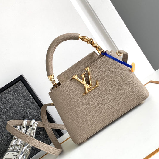 LOUIS VUITTON CAPUCINES MINI 21 IN KHAKI BROWN TAURILLON GOLD HARDWARE