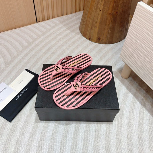 CHANEL WOVEN FLIP FLOP BLACK MIX PINK SHEEPSKIN