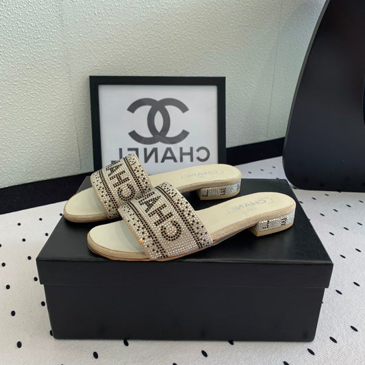 CHANEL RHINESTONE LETTER SLIPPERS BEIGE LAMBSKIN