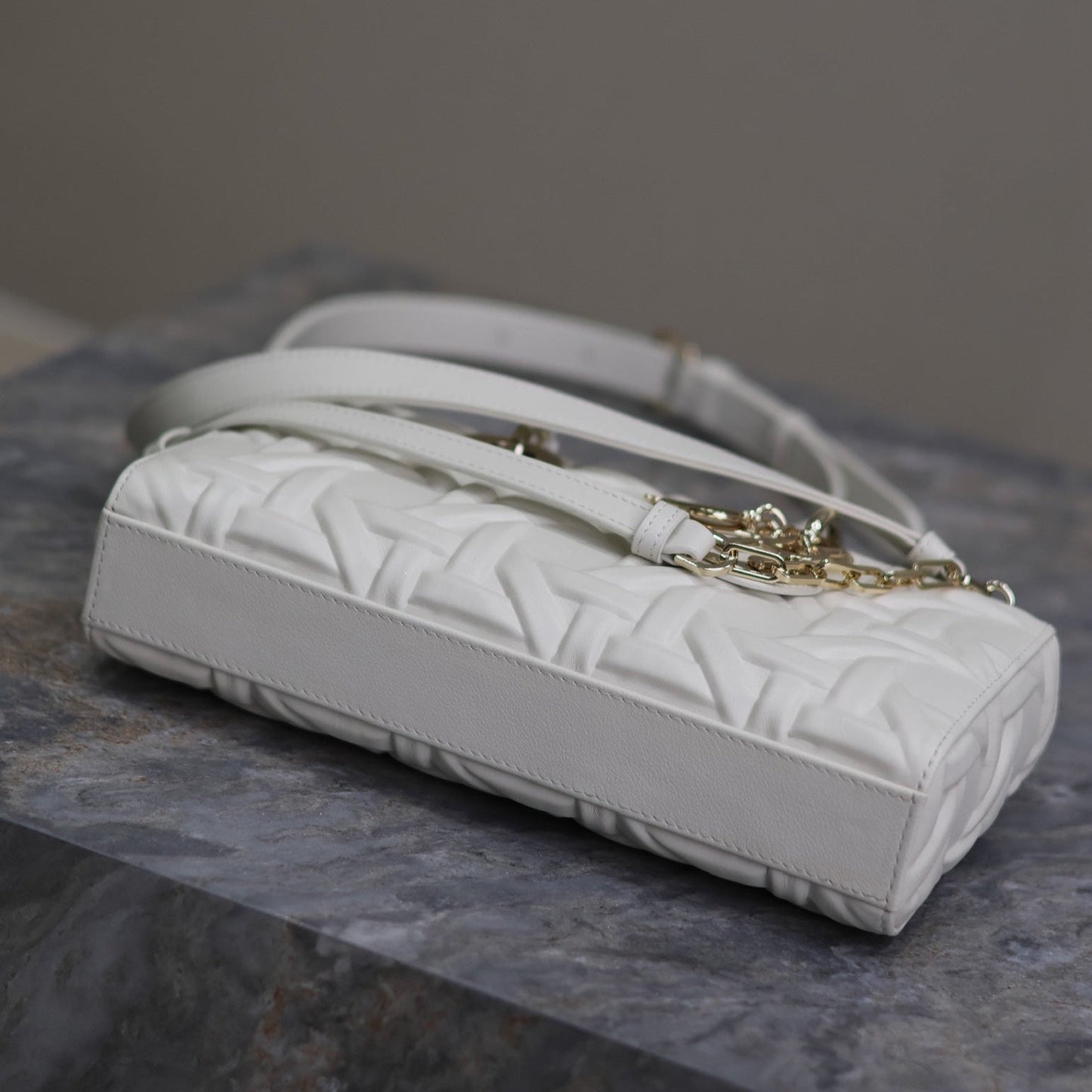 DIOR LADY D-JOY BAG 26 IN WHITE GRAPHIC CANNAGE CALFSKIN PALE GOLD-FINISH METAL CHARMS