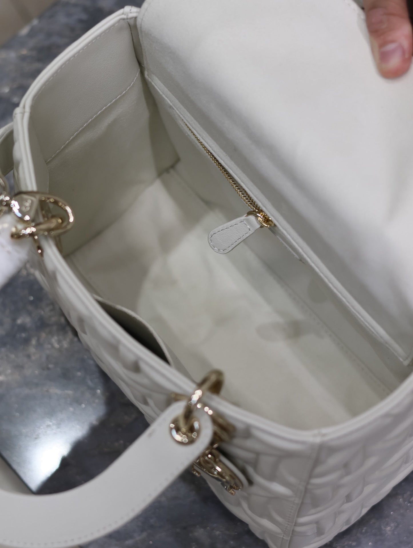 DIOR LADY BAG 24 IN WHITE GRAPHIC CANNAGE CALFSKIN PALE GOLD-FINISH METAL CHARMS