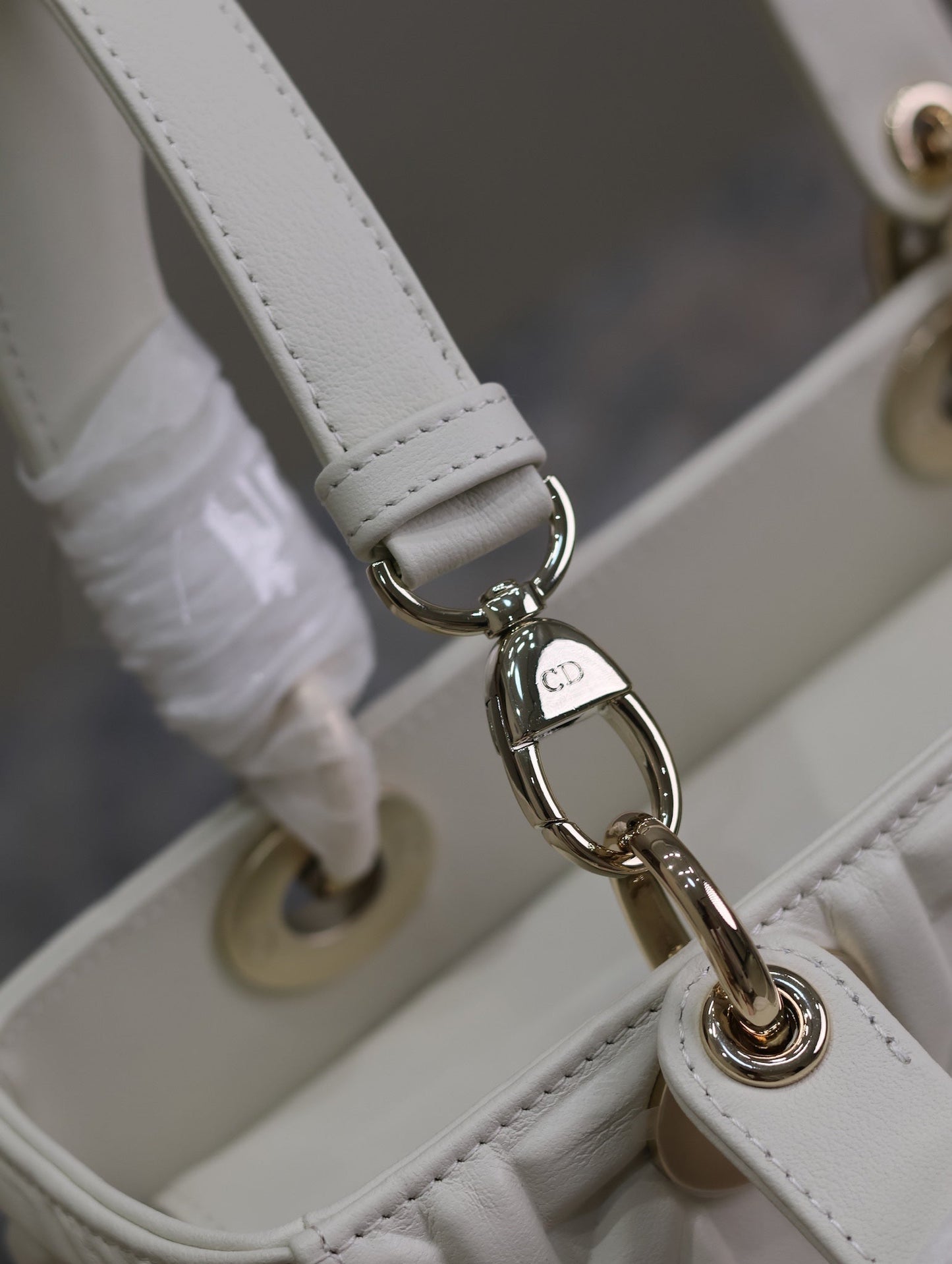 DIOR LADY BAG 24 IN WHITE GRAPHIC CANNAGE CALFSKIN PALE GOLD-FINISH METAL CHARMS