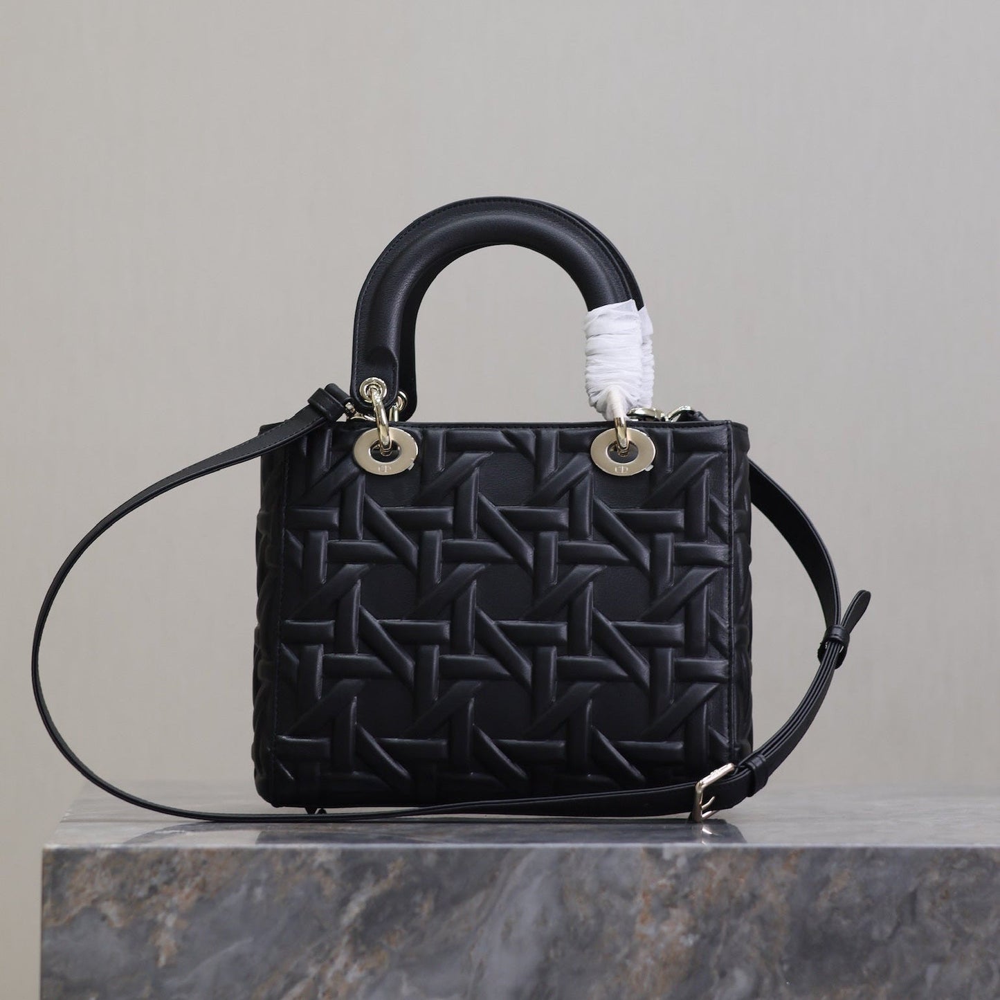 DIOR LADY BAG 24 IN BLACK GRAPHIC CANNAGE CALFSKIN PALE GOLD-FINISH METAL CHARMS