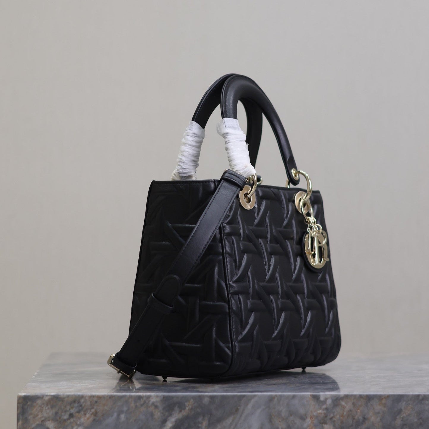 DIOR LADY BAG 24 IN BLACK GRAPHIC CANNAGE CALFSKIN PALE GOLD-FINISH METAL CHARMS