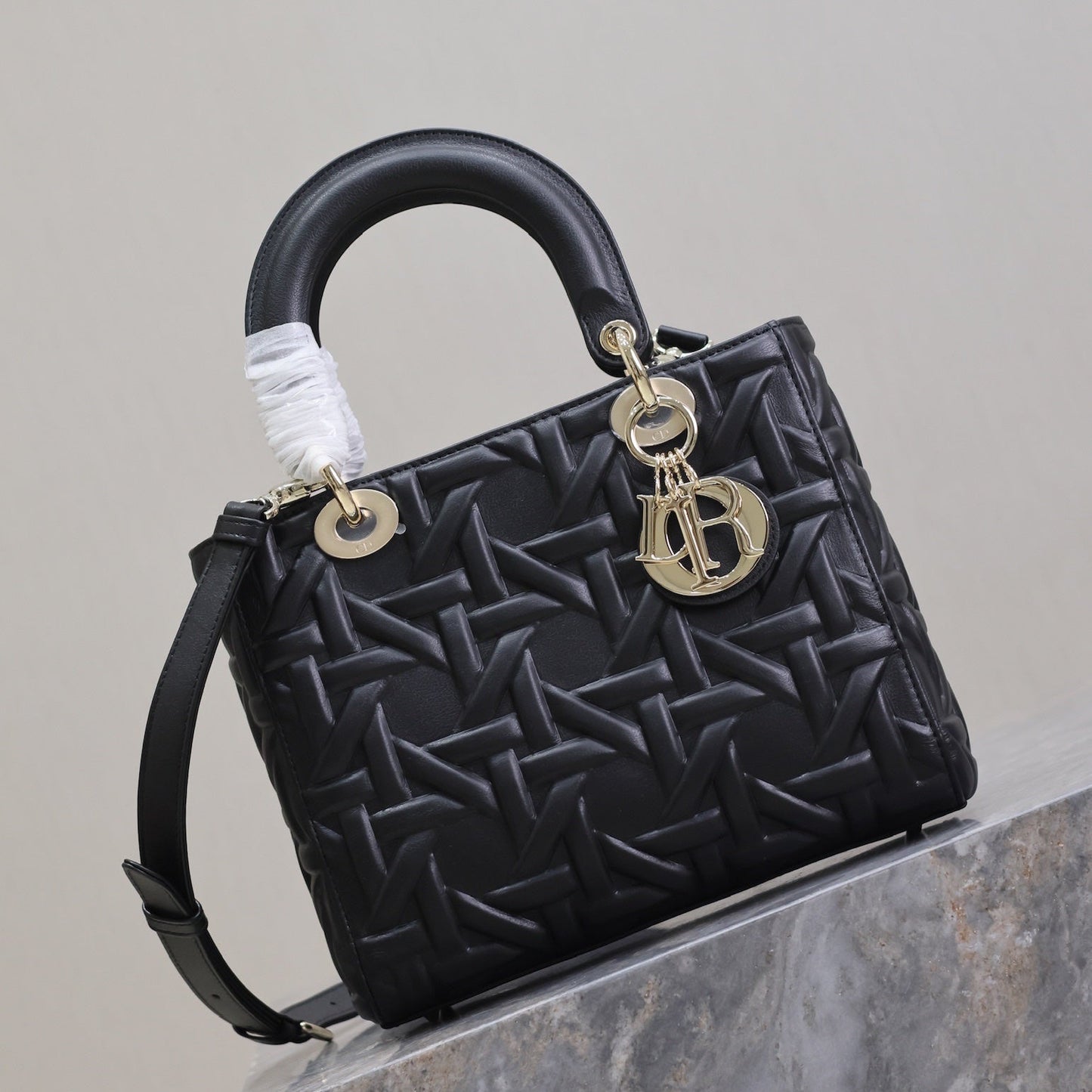DIOR LADY BAG 24 IN BLACK GRAPHIC CANNAGE CALFSKIN PALE GOLD-FINISH METAL CHARMS