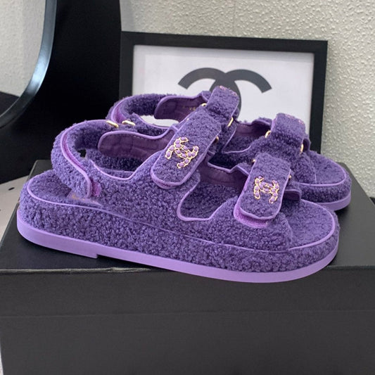 CHANEL DAD SANDAL PLUM PURPLE LAMB FUR