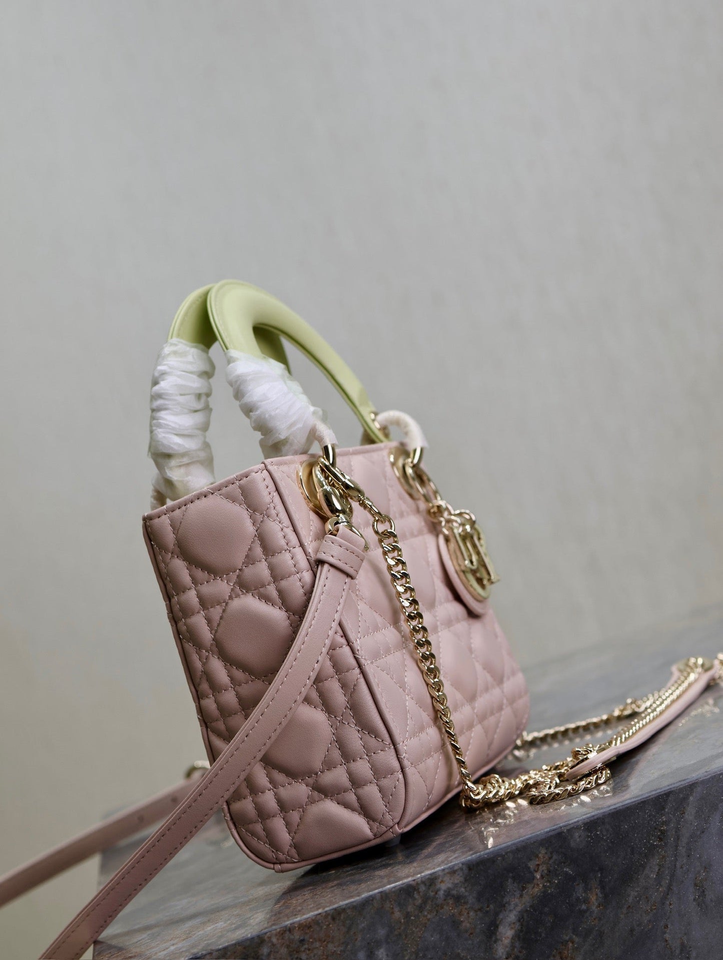 DIOR MINI LADY BAG 17 IN BABY PINK QUILTED MACROCANNAGE CALFSKIN SWAMP YELLOW STRAP