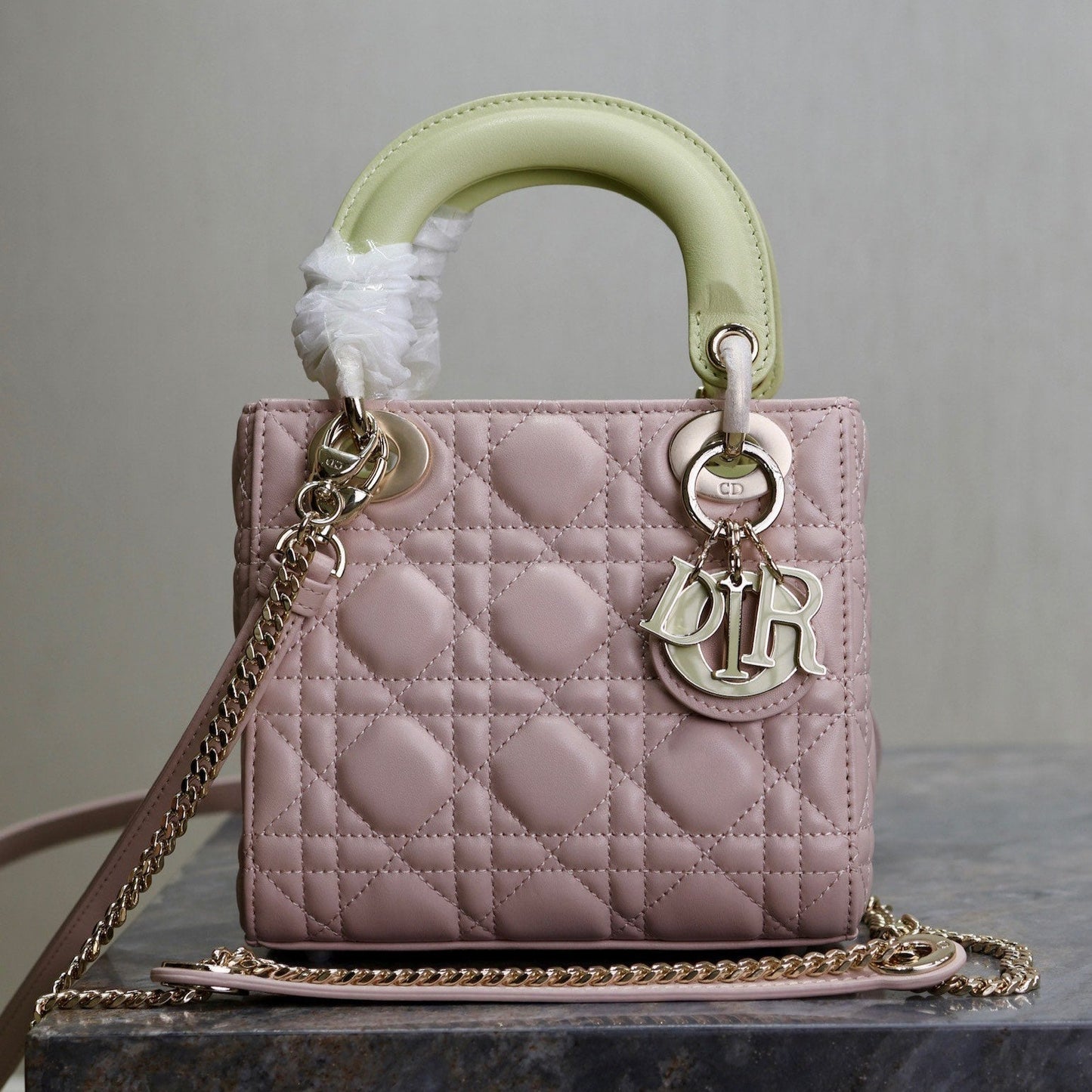 DIOR MINI LADY BAG 17 IN BABY PINK QUILTED MACROCANNAGE CALFSKIN SWAMP YELLOW STRAP