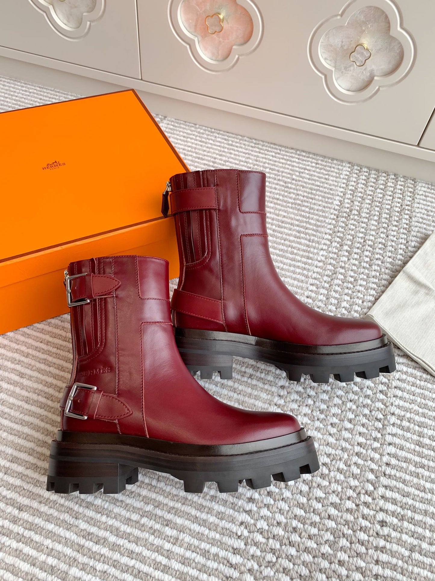 HERMES JAIME ANKLE BOOT IN BURGUNDY RED CALFSKIN