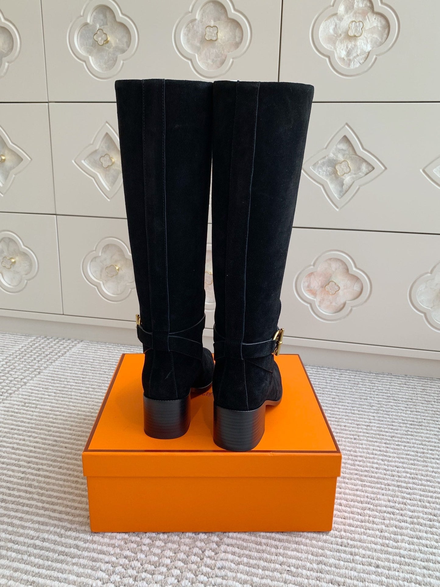 HERMES 25S TALL BOOTS 50 MM IN BLACK SUEDE WITH GOLD HARDWARE