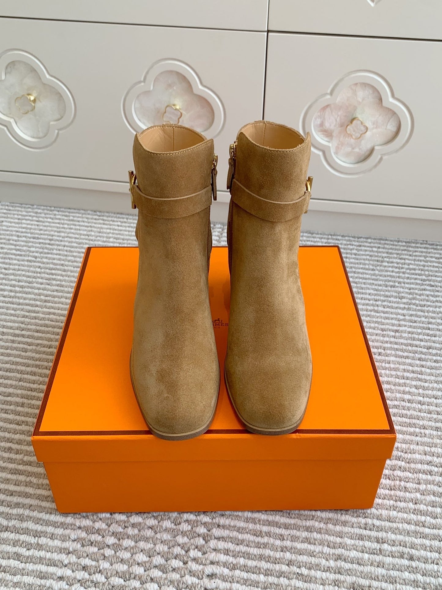HERMES 25S ANKLE BOOTS 50 MM IN BROWN SUEDE WITH GOLD HARDWARE