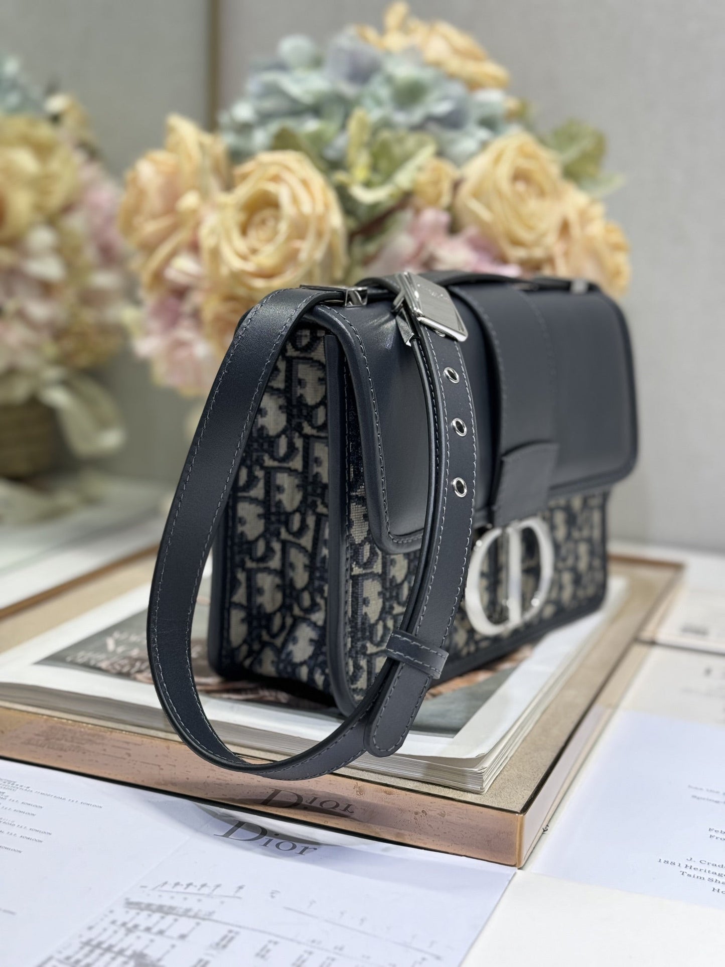 DIOR MONTAIGNE EAST-WEST BAG 24 IN BLACK LAMBSKIN AND MONOGRAM OBLIQUE JACQUARD