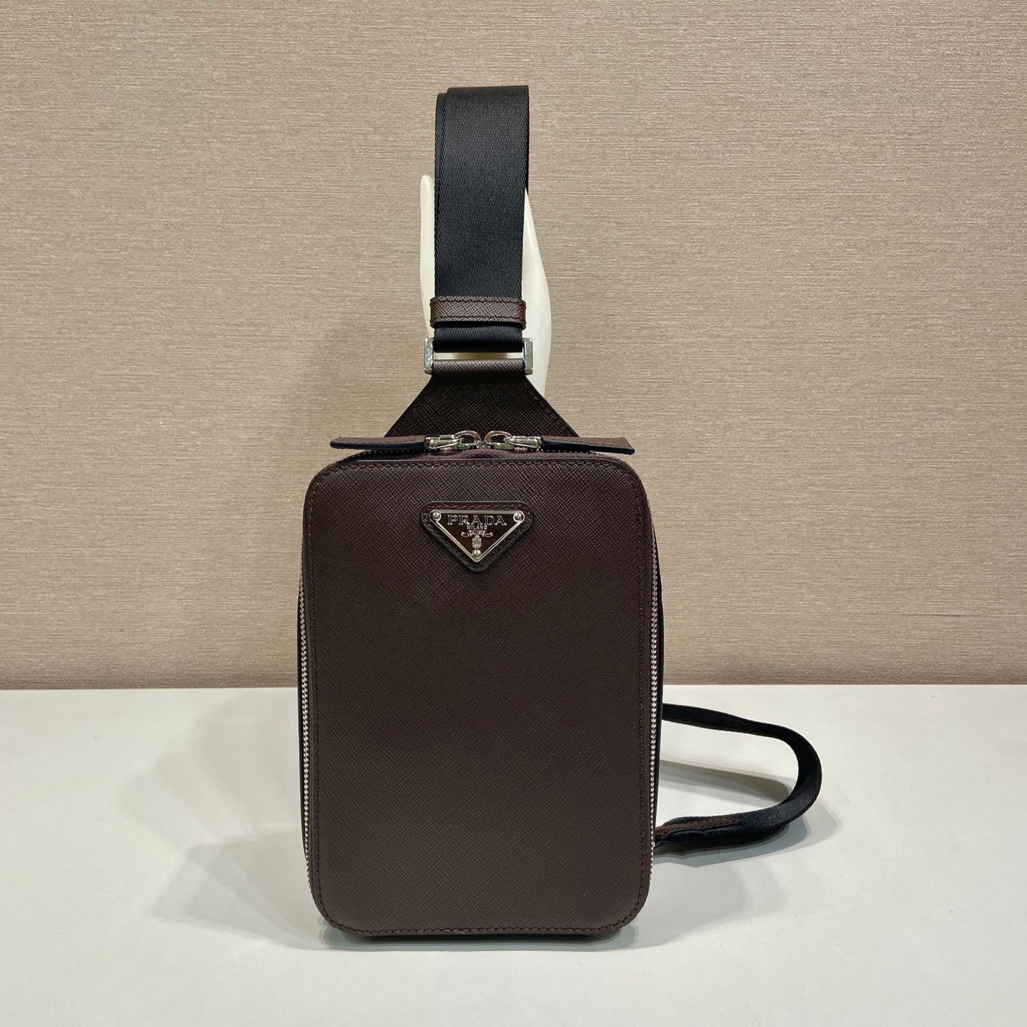 PRADA CHEST BAG 20 IN CHOCOLATE SAFFIANO LEATHER