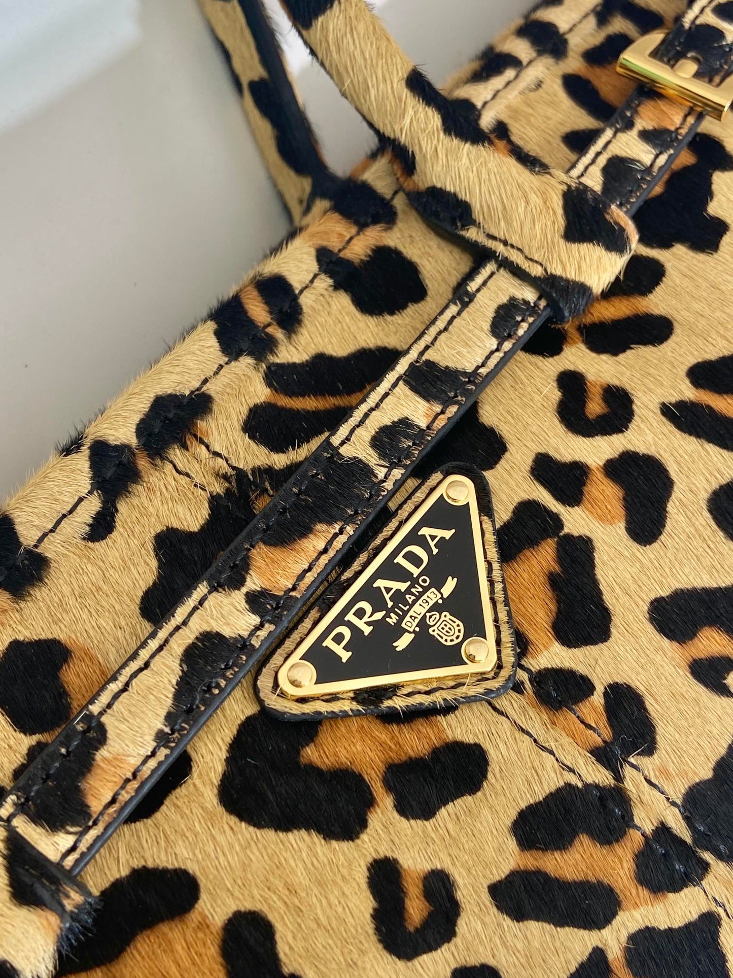 PRADA TOP HANDLE BAG 32 IN LEOPARD PRINT LEATHER