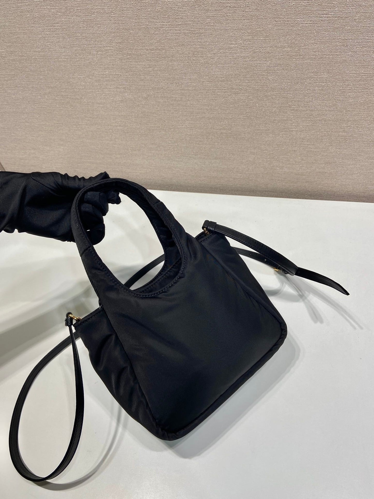 PRADA MINI BOW TOTE BAG 18 IN BLACK PADDED NYLON FABRIC