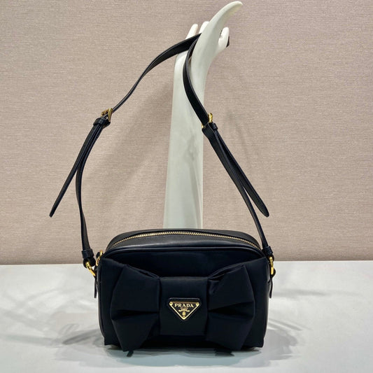 PRADA BOW BAG 18 IN BLACK RE-NYLON AND LAMBSKIN