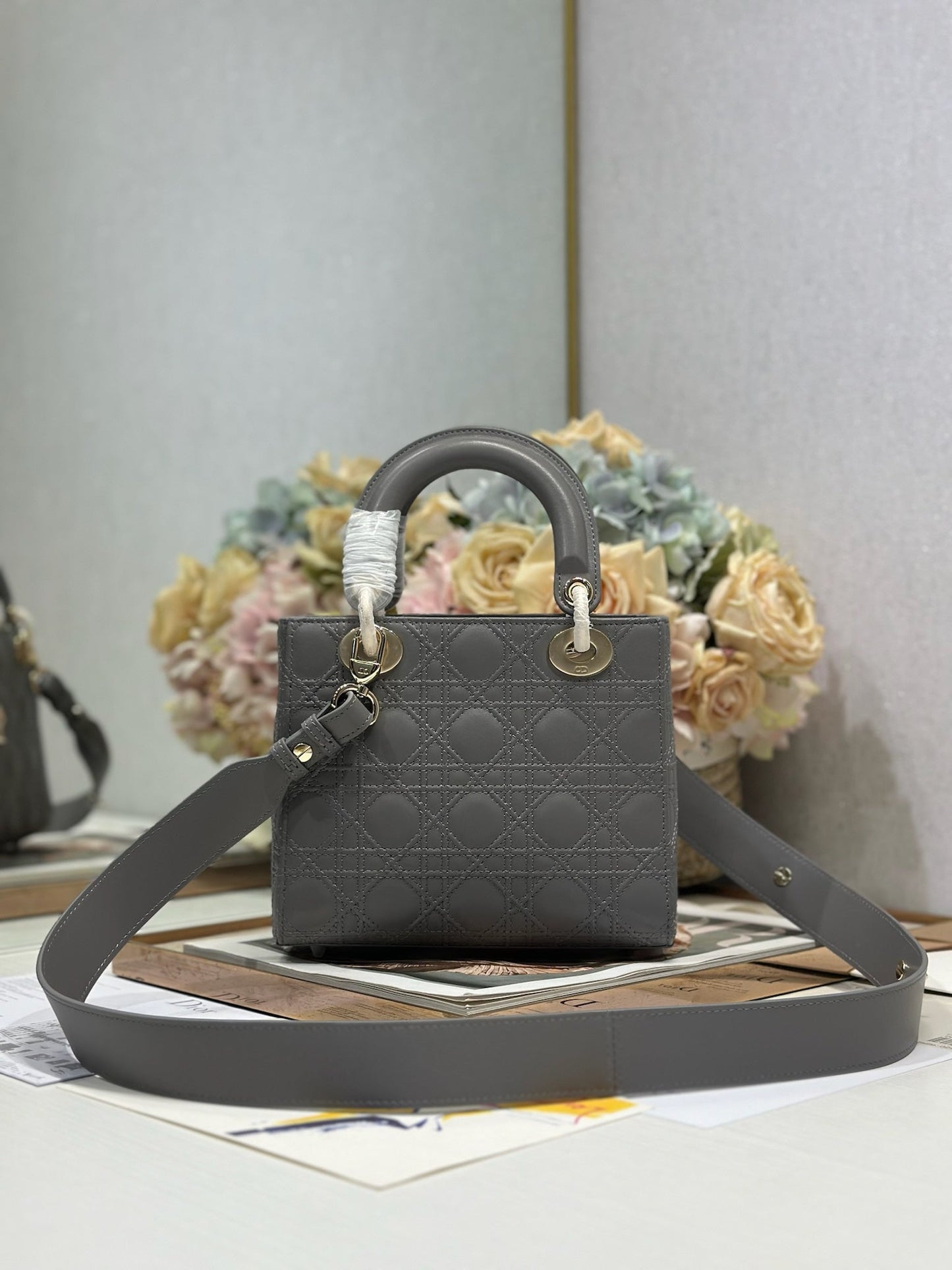 DIOR LADY SMALL BAG 20 IN GREY MACROCANNAGE LAMBSKIN GOLD HARDWARE