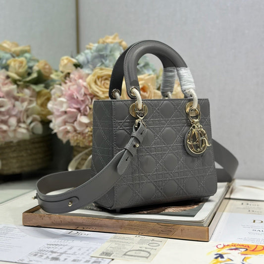DIOR LADY SMALL BAG 20 IN GREY MACROCANNAGE LAMBSKIN GOLD HARDWARE