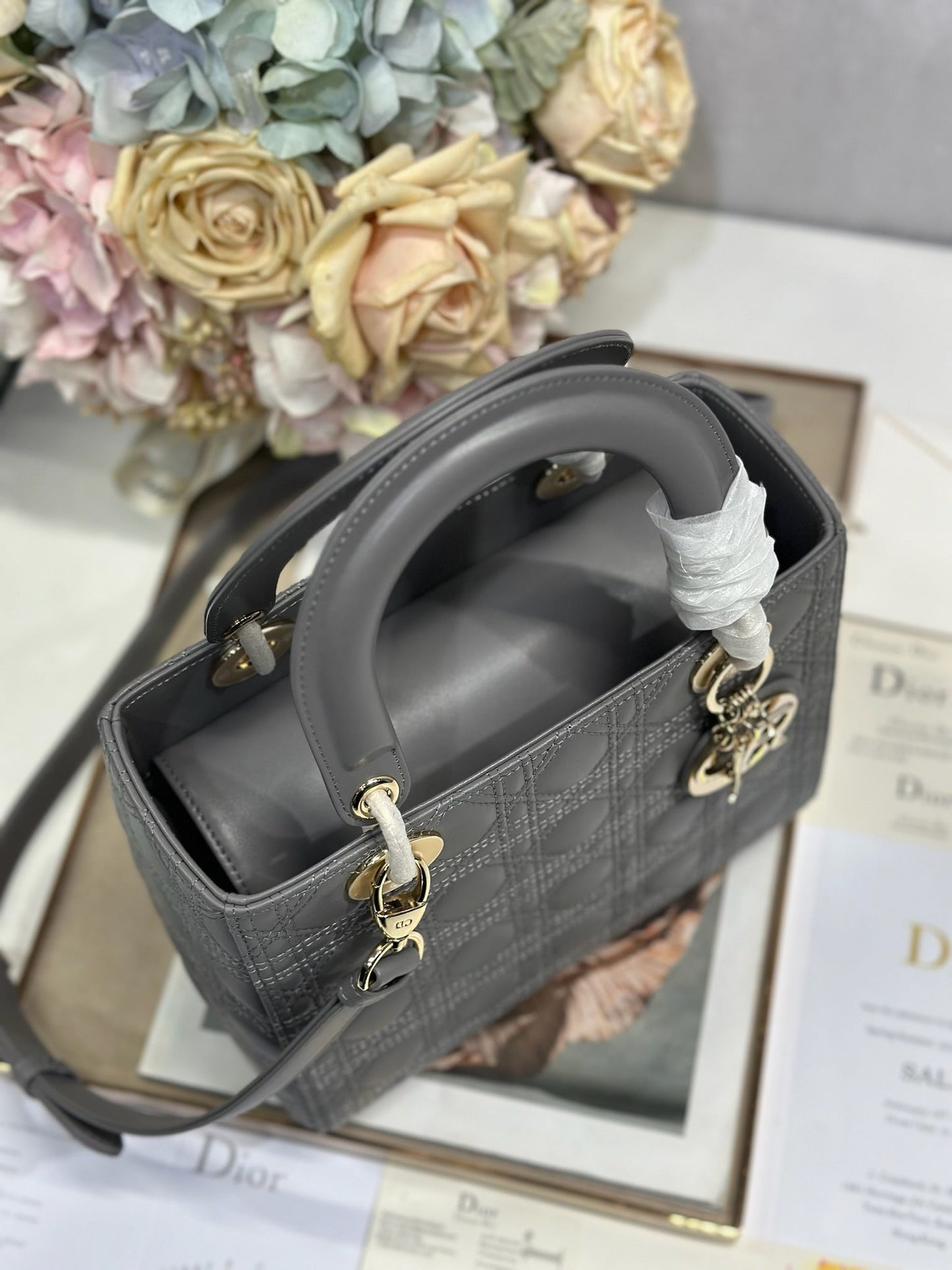 DIOR LADY SMALL BAG 24 IN GREY MACROCANNAGE LAMBSKIN GOLD HARDWARE