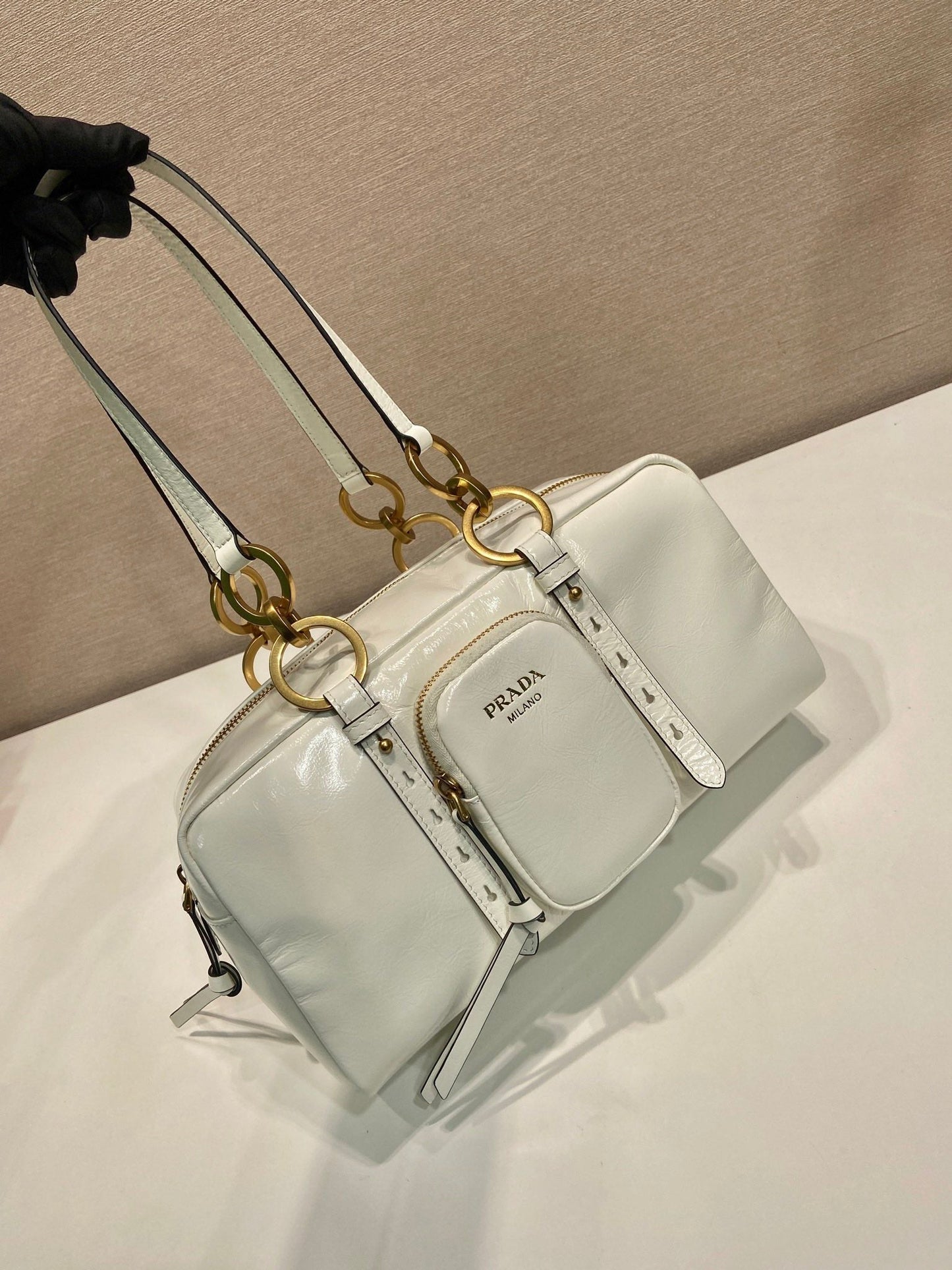 PRADA LARGE RECTANGULAR BAG 30 IN WHITE OIL WAX LAMBSKIN GOLD HARDWARE