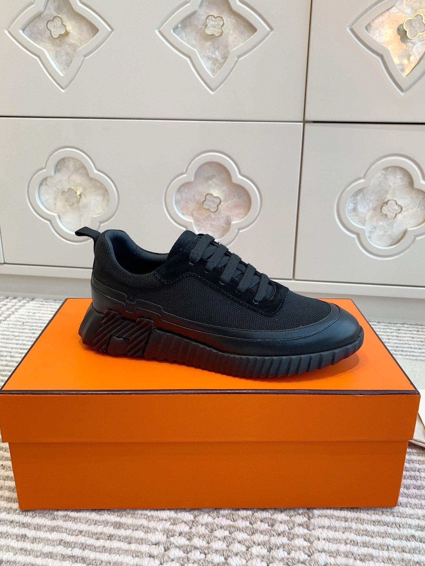 HERMES BOUNCING SNEAKER IN BLACK GRAPHIC MESH AND CALFSKIN