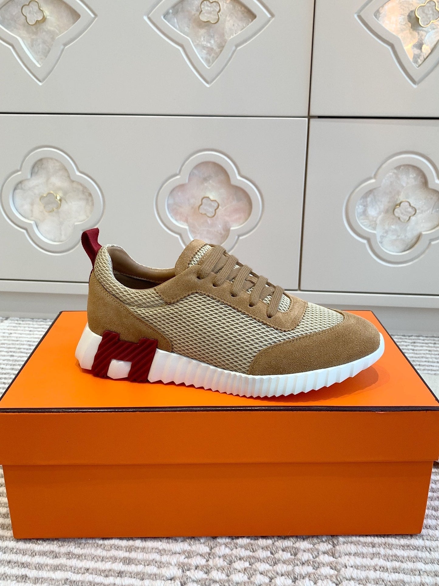 HERMES BOUNCING SNEAKER IN CIDER BROWN GRAPHIC MESH AND SUEDE
