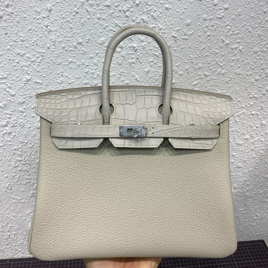 HERMES BIRKIN 25CM GRIS PERLE CROCODILE AND TOGO LEATHER SILVER HARDWARE
