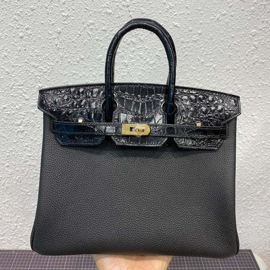 HERMES BIRKIN 25CM BLACK CROCODILE AND TOGO LEATHER GOLD HARDWARE