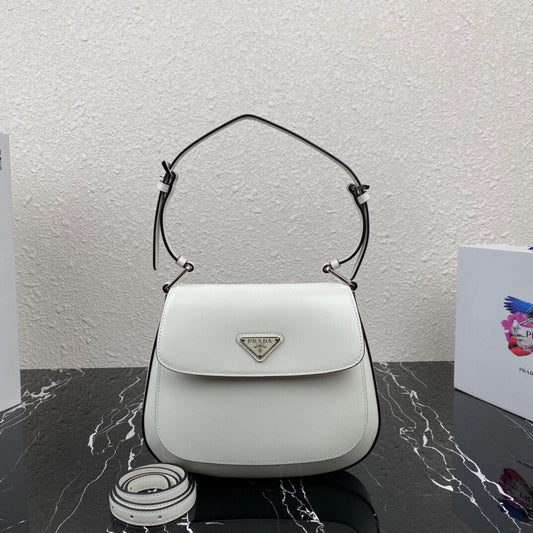 PRADA CLEO 24 WHITE BLACK BRUSHED LEATHER SHOULDER BAG