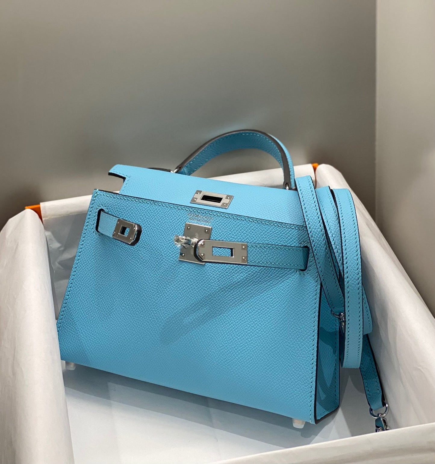 HERMES KELLY MINI 20 SKY BLUE EPSOM SILVER HARDWARE