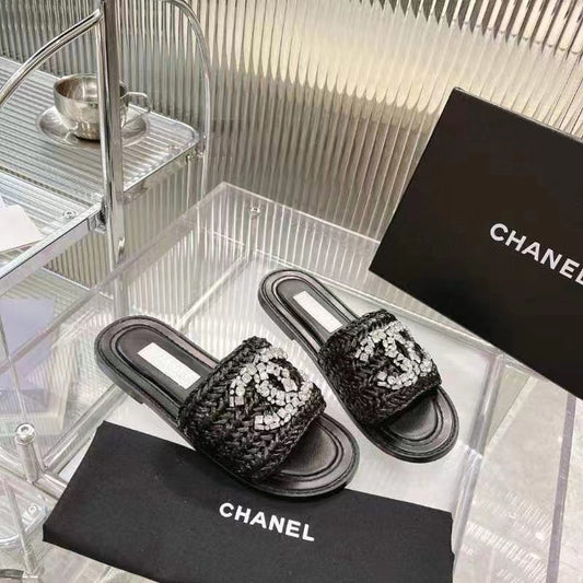 CHANEL Slippers BLACK CALFSKIN LOGO