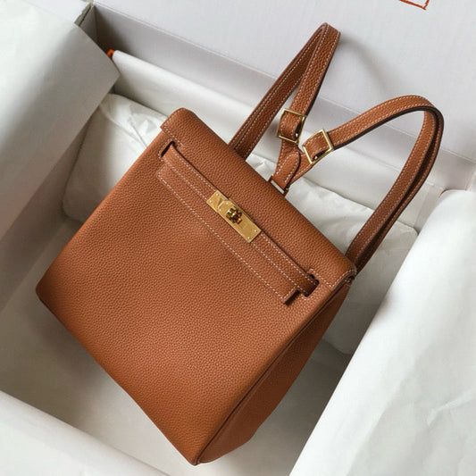 HERMES KELLY ADO 22 TOGO BACKPACK IN BROWN CALFSKIN GOLD HARDWARE