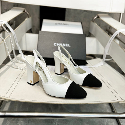 CHANEL HIGH SLINGBACK IN BLACK FABRIC AND WHITE CALFSKIN