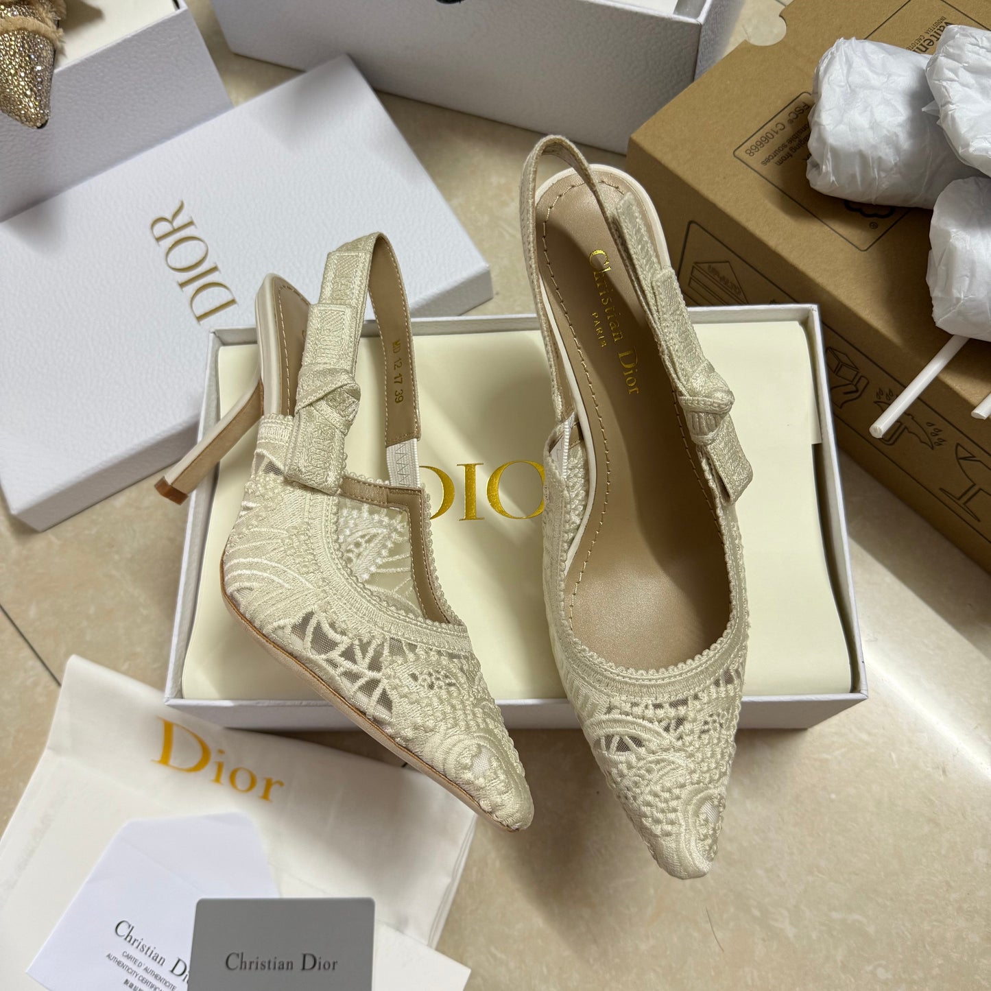 DIOR J'A SLINGBACK PUMPS IN IVORY WHITE EMBROIDERED LACE
