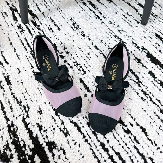 CHANEL BOW BALLET FLATS IN PINK AND BLACK FABRIC