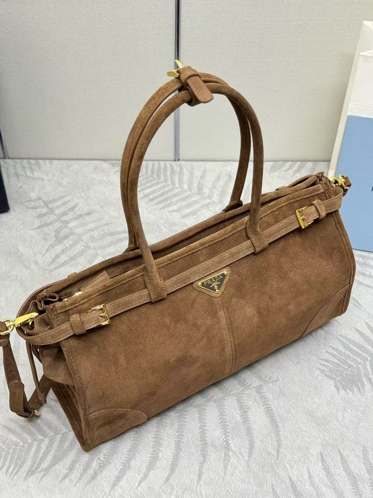 PRADA TOTE BAG WITH BELT 38 IN CHOCOLATE BROWN SUEDE GOLD HARDWARE
