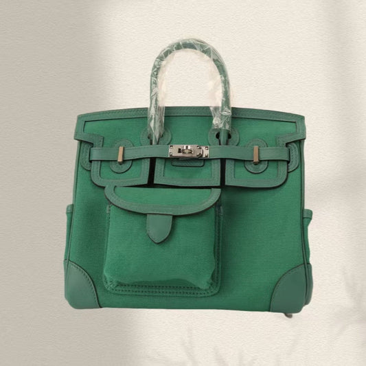 HERMES BIRKIN CARGO 25CM GREEN CANVAS AND LEATHER SILVER HARDWARE