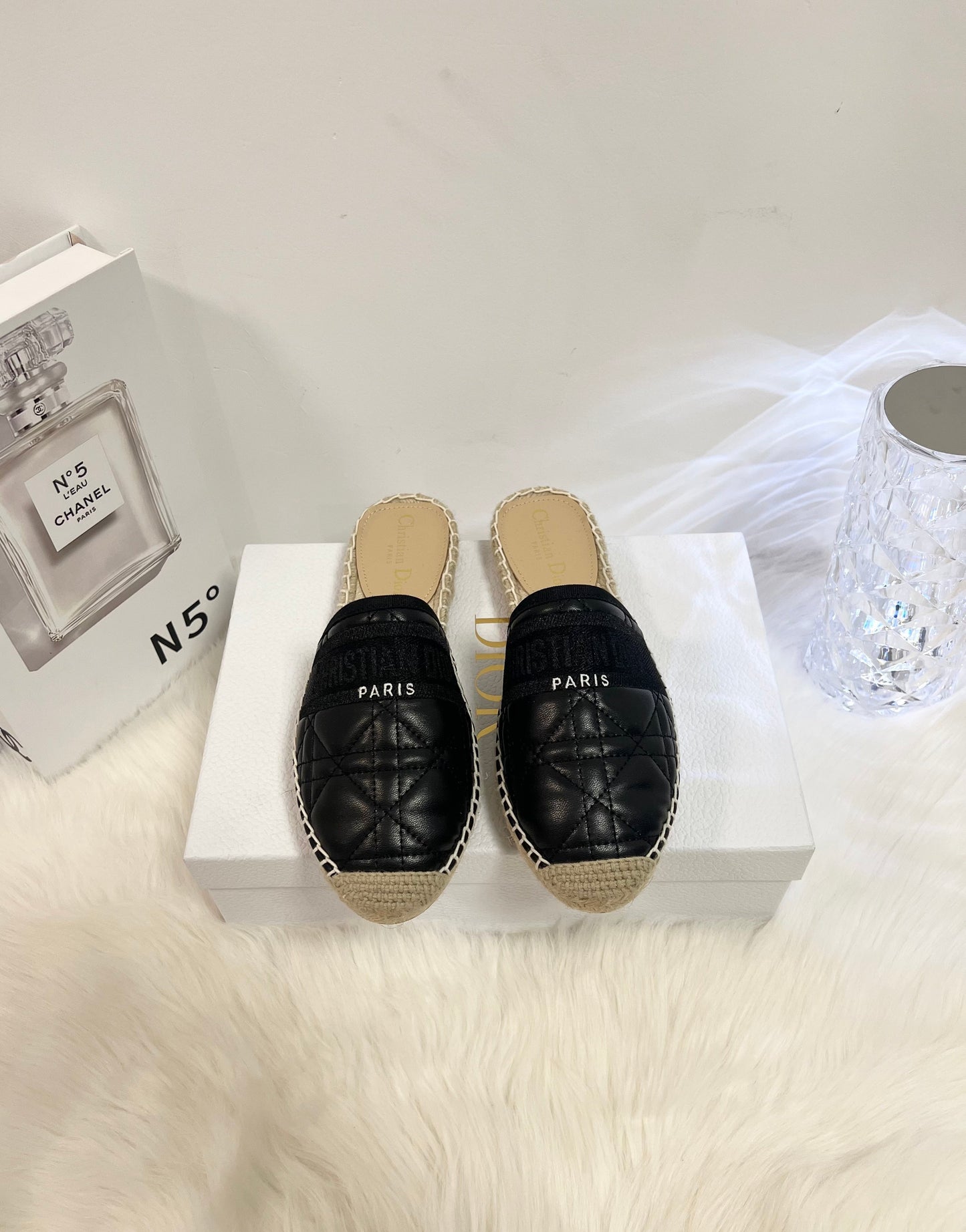 DIOR GRANVILLE ESPADRILLE MULE BLACK QUILTED CANNAGE CALFSKIN