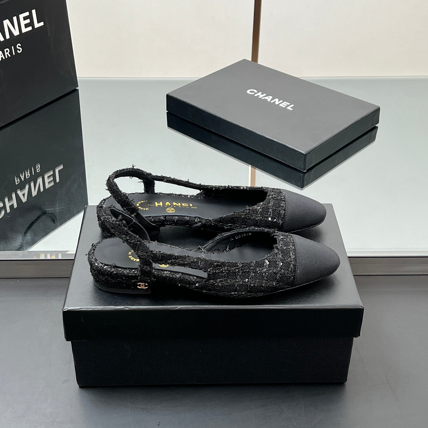 CHANEL SLINGBACK 25S IN BLACK FABRIC AND TWEED SEQUINED