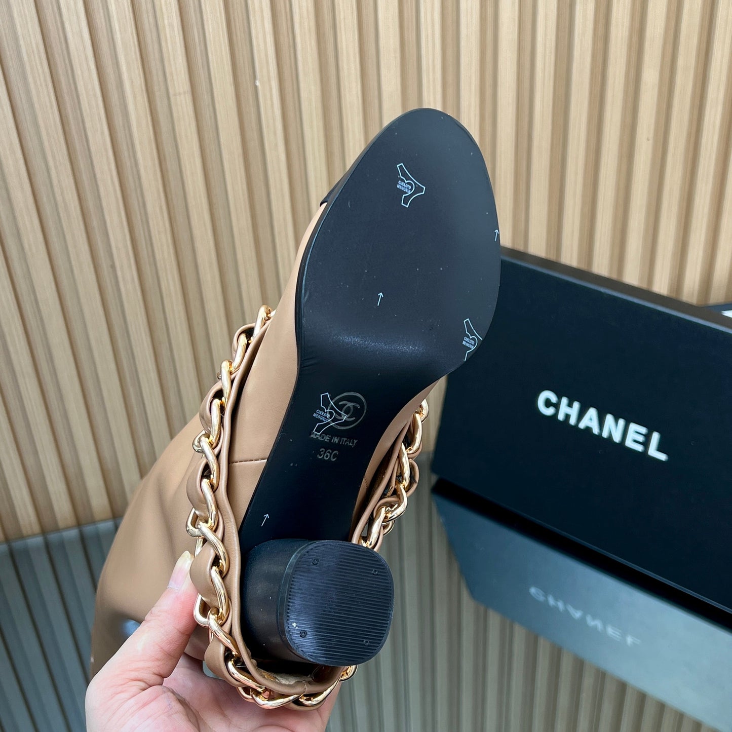 CHANEL 25S KNEE-HIGH HEELED BOOTS 65MM IN BEIGE CALFSKIN GOLD HARDWARE